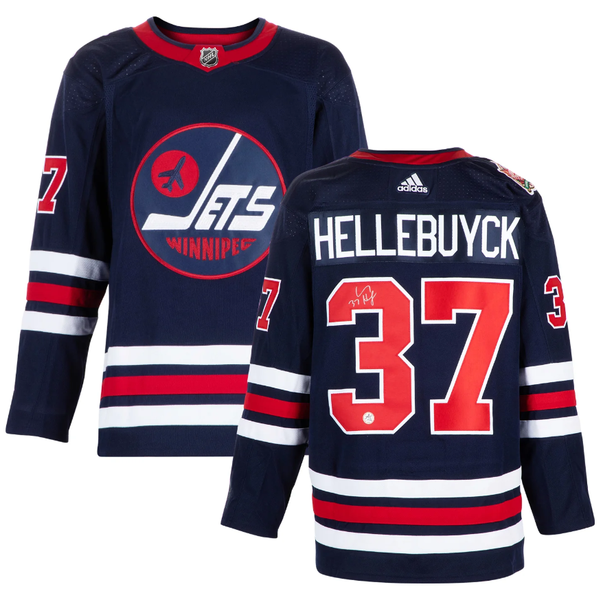 Connor Hellebuyck Signed Winnipeg Jets 2019 Heritage Classic adidas Jersey