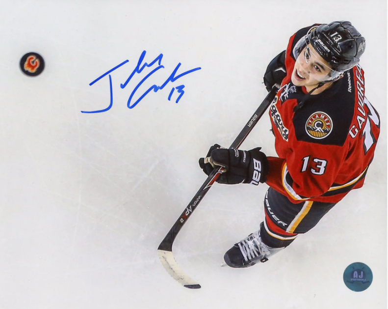 Johnny Gaudreau Signed Calgary Flames Puck Toss 8x10 Photo