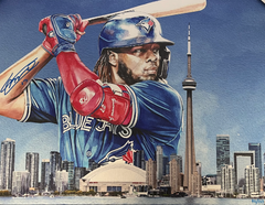 Vladimir Guerrero Jr. Signed 20x29 Framed Canvas Jays Blue-H Skyline LE/127