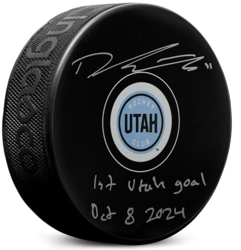 Dylan Guenther Signed Utah Hockey Club Puck with '1st Utah Goal Oct 8 2024' Note