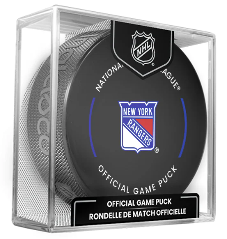 NHL New York Rangers Officially Licensed 2024-25 Team Game Hockey Puck Design- In Cube