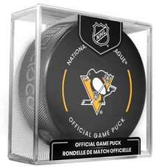 NHL Pittsburgh Penguins Officially Licensed 2024-25 Team Game Hockey Puck Design- In Cube