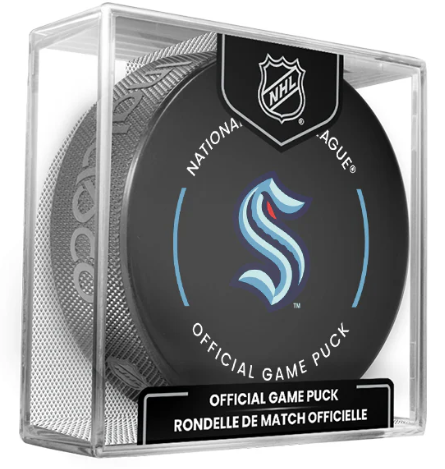 NHL Seattle Kraken Officially Licensed 2024-25 Team Game Hockey Puck Design- In Cube