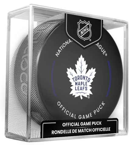 NHL Toronto Maple Leafs Officially Licensed 2024-25 Team Game Hockey Puck Design- In Cube