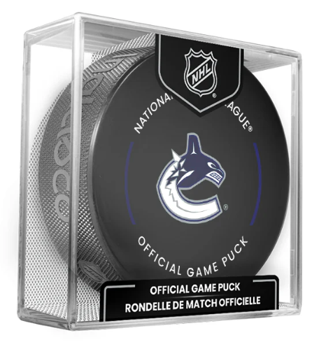 NHL Vancouver Canucks Officially Licensed 2024-25 Team Game Hockey Puck Design- In Cube