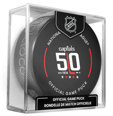 NHL Washington Capitals 50th Anniversary Officially Licensed 2024-25 Team Game Hockey Puck Design- In Cube