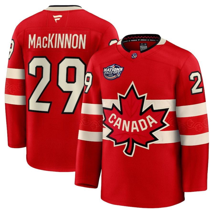 Men's Canada Nathan MacKinnon Fanatics Red 2025 4 Nations Face-Off Premium Player Jersey